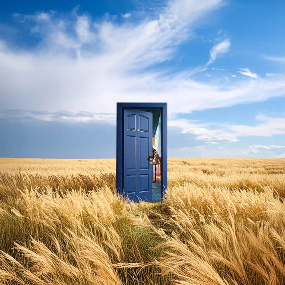 Slightly opened blue door in a field.