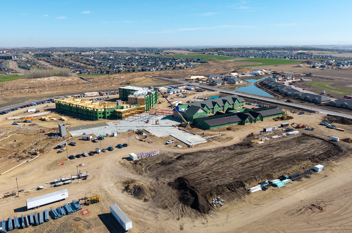 Drone footage shot on March 2, 2026 of continuing construction at Good Samaritan Founder's Crossing in Sioux Falls, South Dakota.