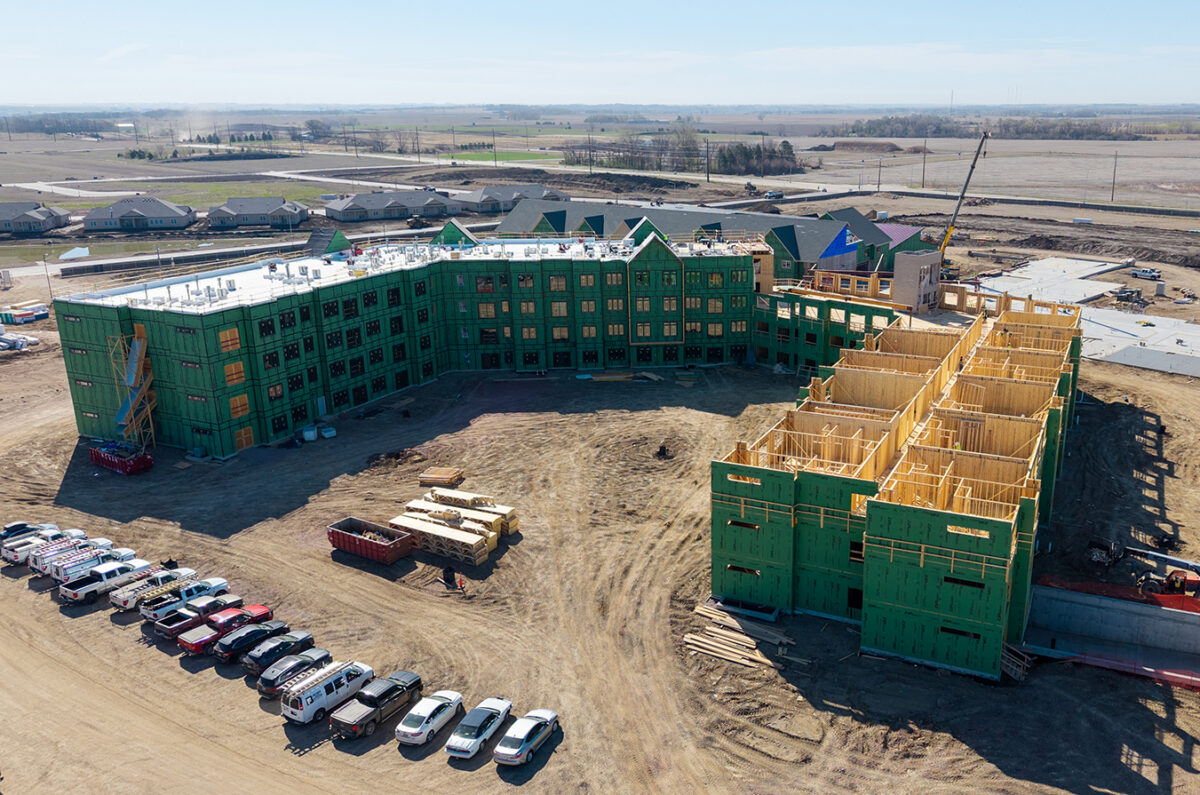 Drone footage shot on March 2, 2026 of continuing construction at Good Samaritan Founder's Crossing in Sioux Falls, South Dakota.